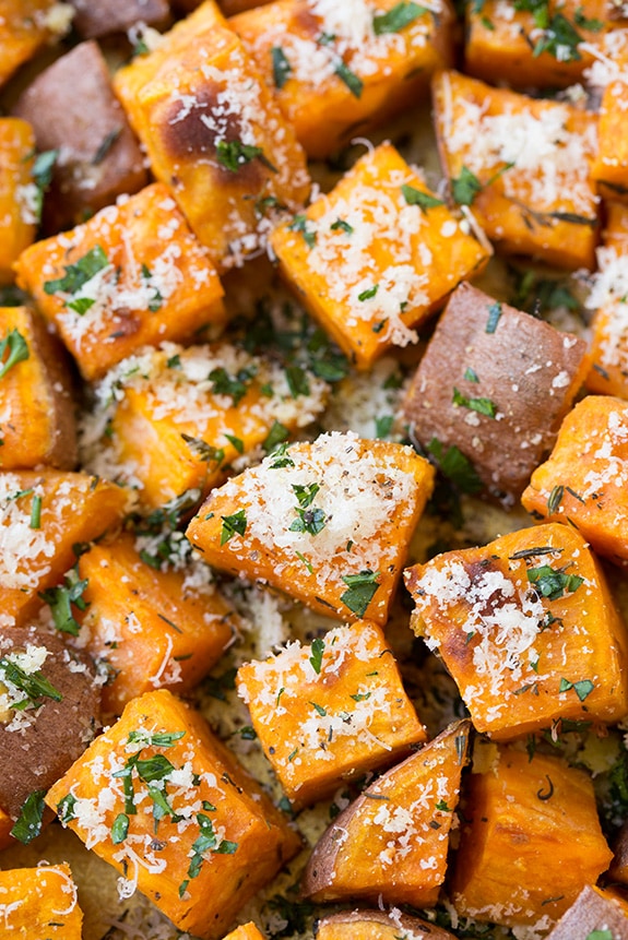 close up shot of savory roasted sweet potatoes