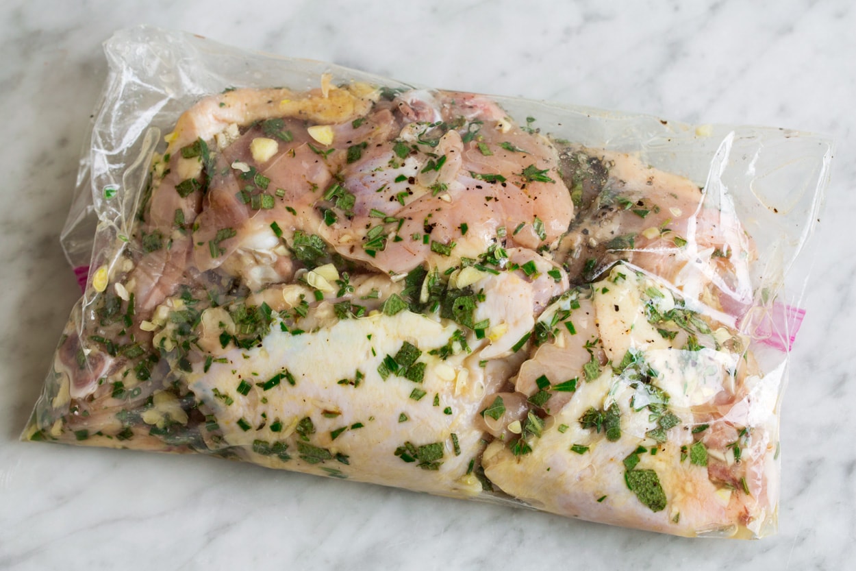 Autumn Chicken Dinner chicken shown here marinating in resealable bag