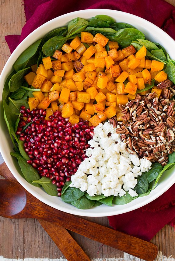 Butternut Squash, Pomegranate and Goat Cheese Spinach Salad with Red Wine Vinaigrette | Cooking Classy
