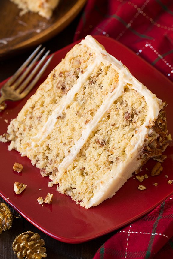 Butter Pecan Cake slice on a red plate.