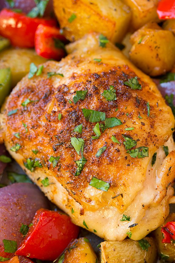 Close up image of seasoned baked cajun chicken thigh.