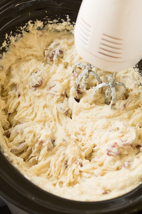 Finished mashed potatoes in a slow cooker.