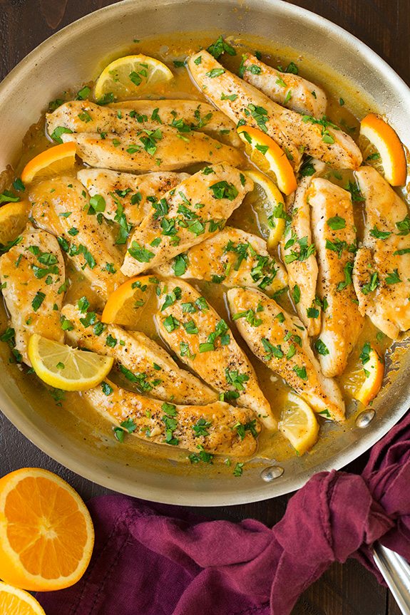 Skillet Citrus Chicken Tenders garnished with parsley