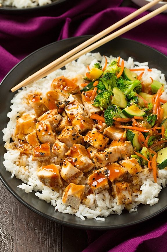 Grilled Teriyaki Chicken Bowl with chopsticks