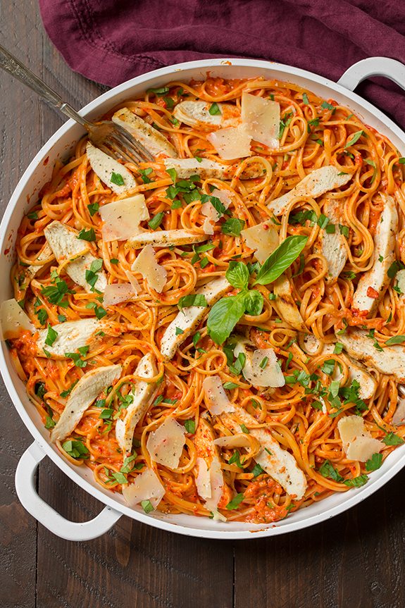 Creamy Roasted Red Pepper Pasta with Grilled Chicken 