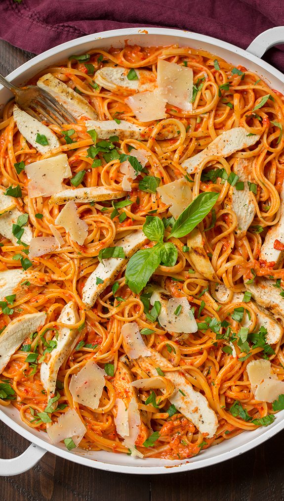 Creamy Roasted Red Pepper Pasta with Grilled Chicken | Cooking Classy
