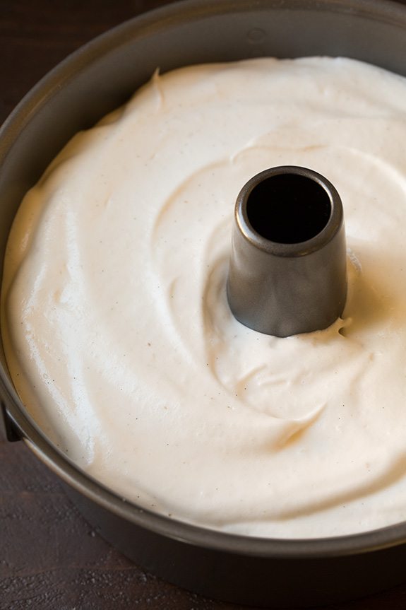 homemade angel food cake batter in cake pan