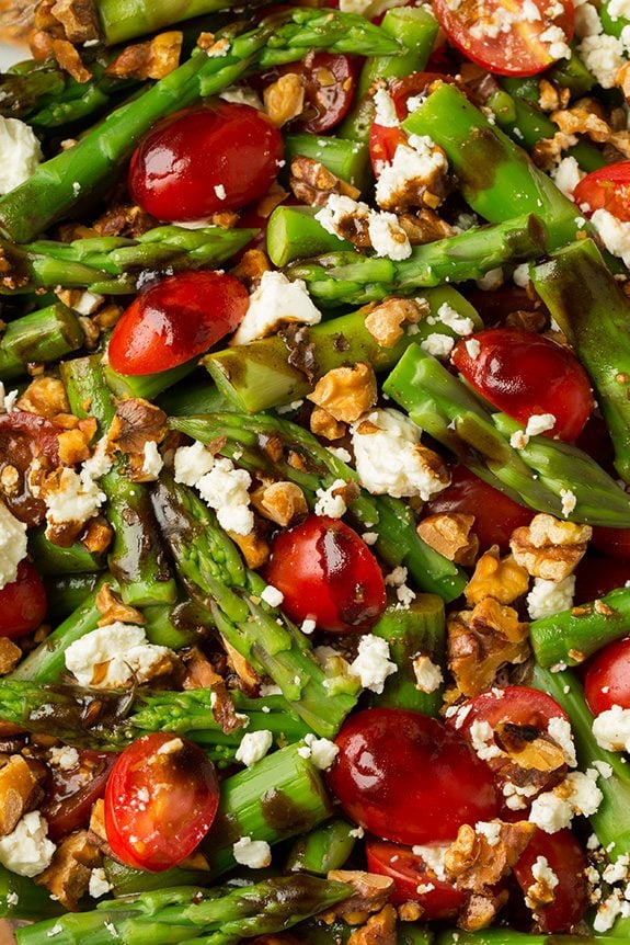 Close up of an Asparagus, Tomato and Feta Salad with Balsamic Vinaigrette