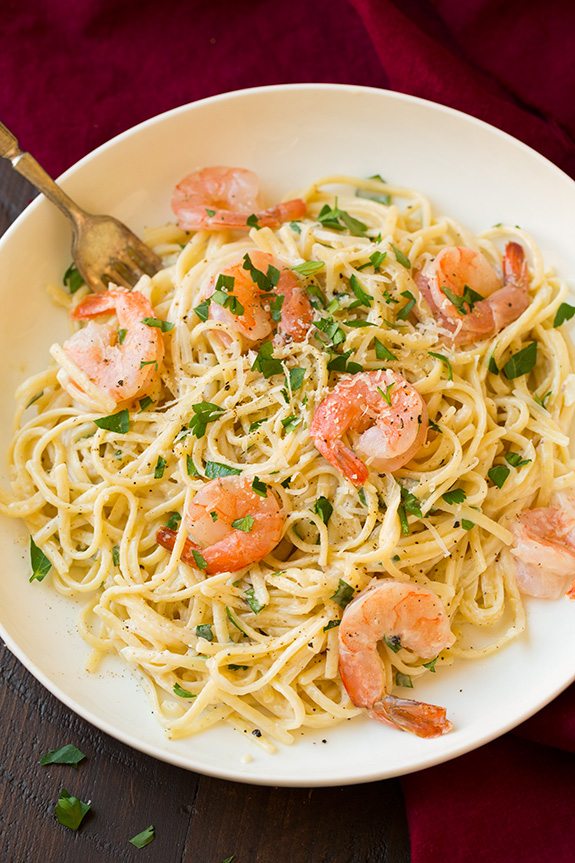 Shrimp linguine on a serving plate.