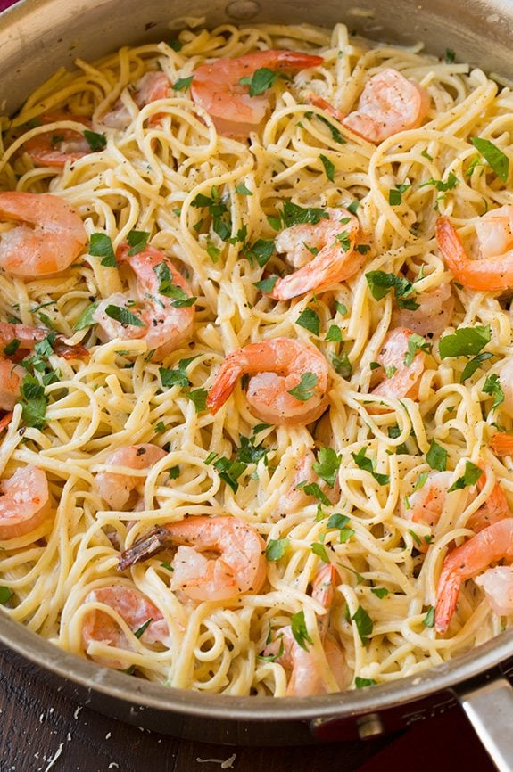 One pan creamy parmesan shrimp linguine in a saute pan.