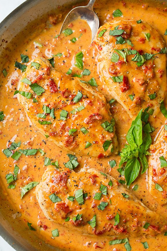 Creamy Sun Dried Tomato Chicken Cooking in Skillet