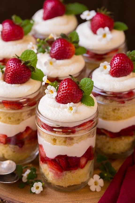 individual Strawberry Shortcake Trifles garnished with fresh strawberries