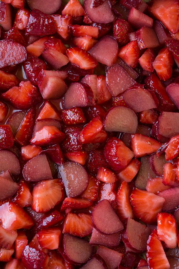 close up of sliced rhubarb and strawberries 