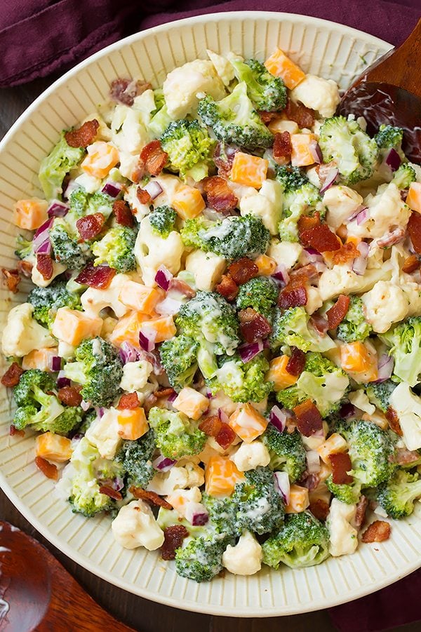 Broccoli and Cauliflower Salad in a white bowl