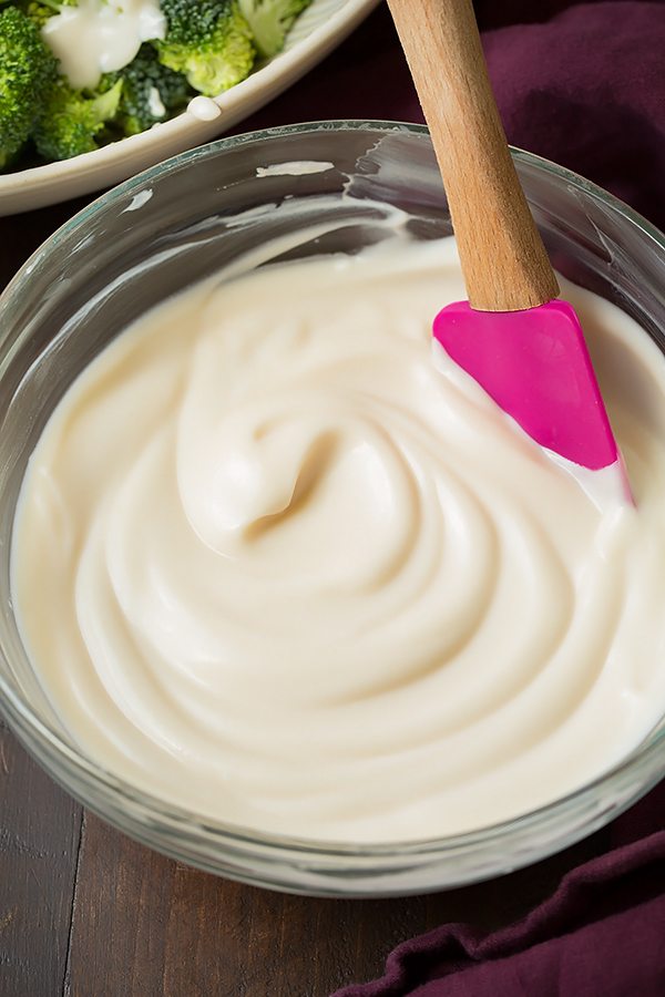 Dressing in a bowl for making a Broccoli and Cauliflower Salad 