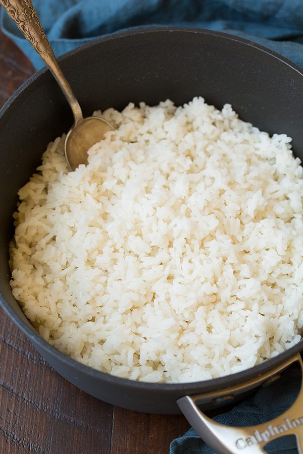 Salmon with Mango Avocado Salsa and Coconut Rice Coconut Rice in a saucepan after cooking.