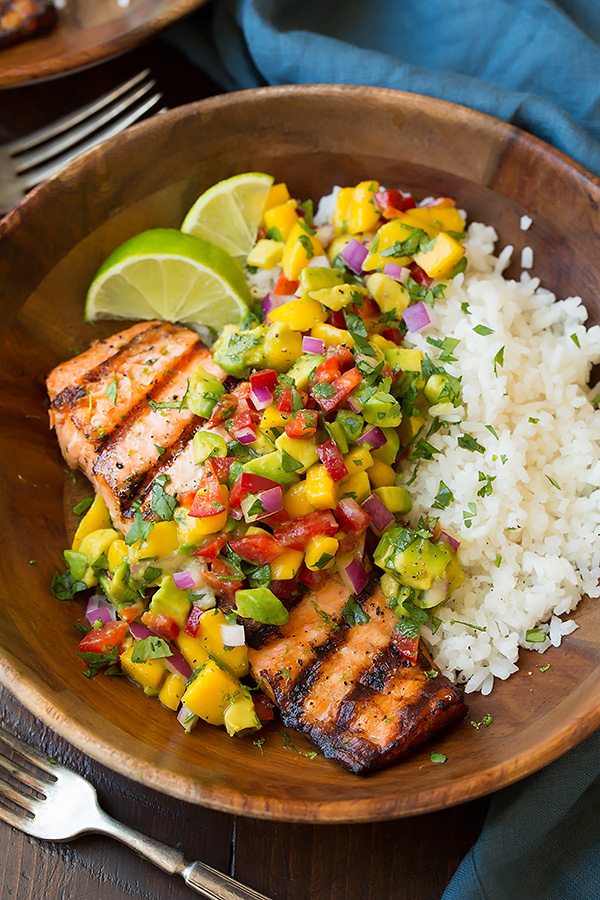 Salmon with Mango Avocado Salsa and Coconut Rice Grilled Lime Salmon in a wooden serving bowl topped with Mango Avocado Salsa and served with a side of Coconut Rice