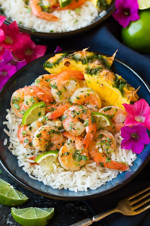 Cilantro Lime Shrimp with Coconut Rice in blue serving bowl