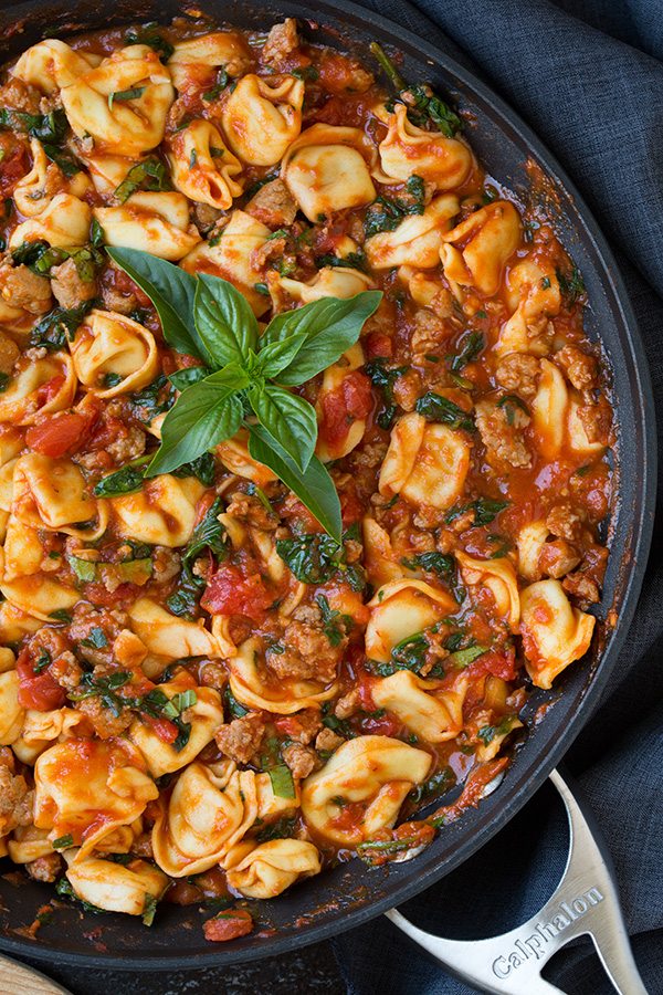 One Pan Turkey Sausage Spinach and Marinara Tortellini
