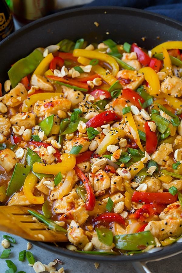 Szechuan Chicken Stir-Fry in metal skillet