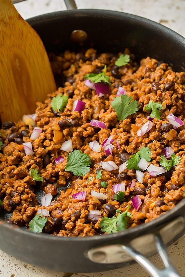 Taco salad filling in a skillet. 