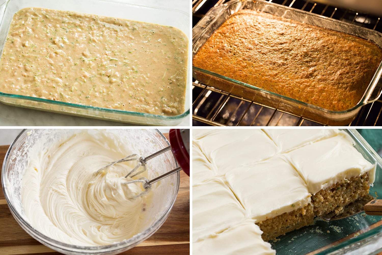 Zucchini Cake Baking zucchini cake and topping with frosting.