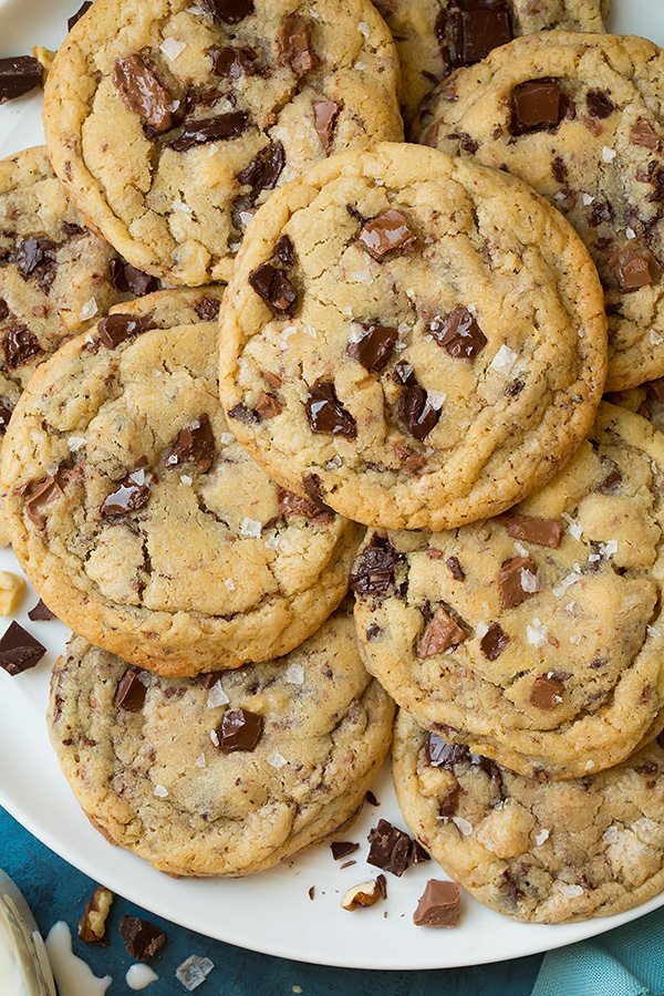 Plate full of chocolate chunk cookies.
