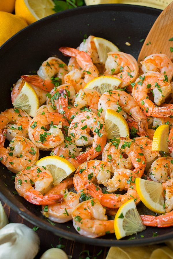 Garlic Lemon Butter Shrimp Shrimp in skillet after cooking. Tossed with garlic, lemon and butter.