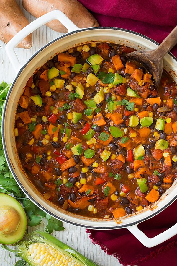 Roasted Sweet Potato and Black Bean Chili Sweet Potato and Black Bean Chili in a large white pot.