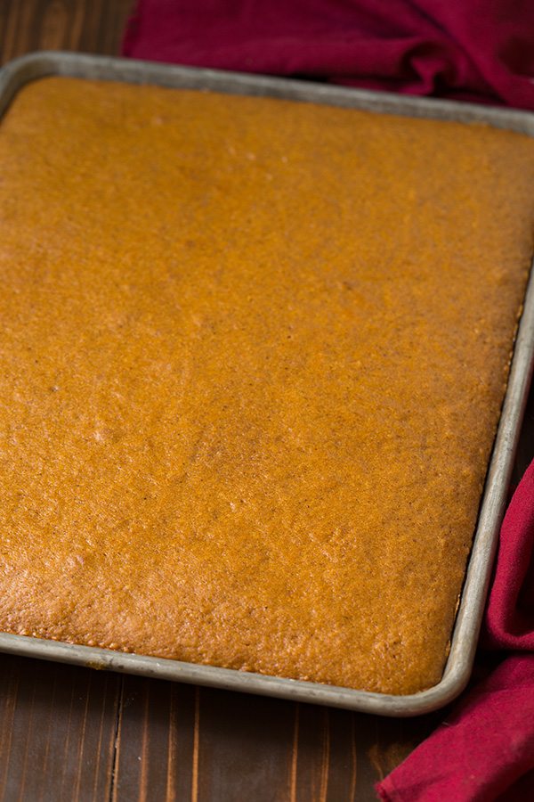 Pumpkin cake cooked in a sheet pan.