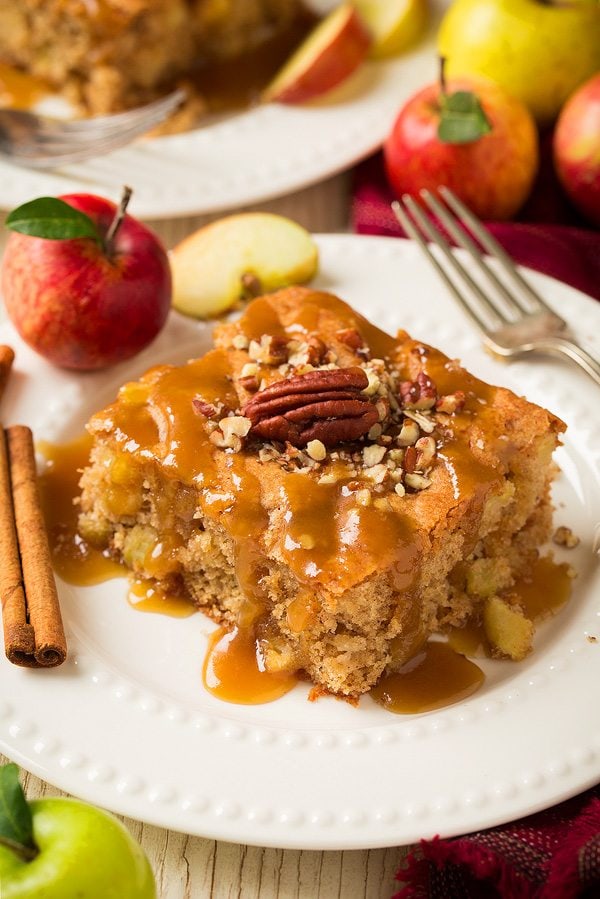 Apple cake with a caramel sauce served on a white plate that's decorated with apples and cinnamon sticks.
