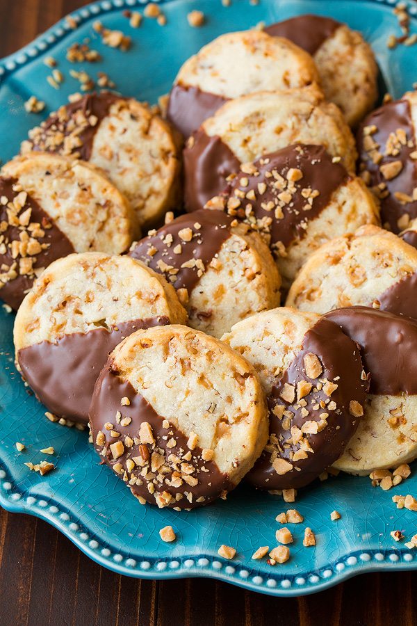 Chocolate Dipped Toffee Pecan Shortbread Cookies | Cooking Classy
