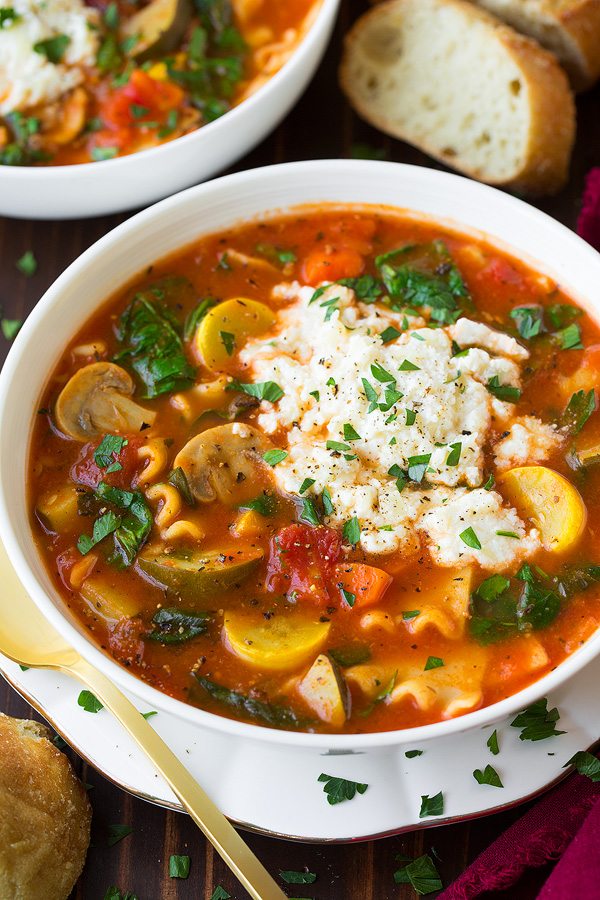 Vegetable Lasagna Soup in a white serving bowl.