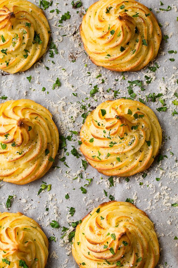 Overhead image of duchess potatoes, showing pretty swirled design.