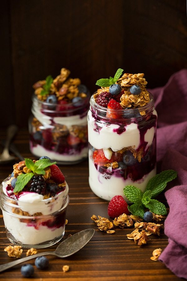 Granola yogurt and berry parfaits in glasses.