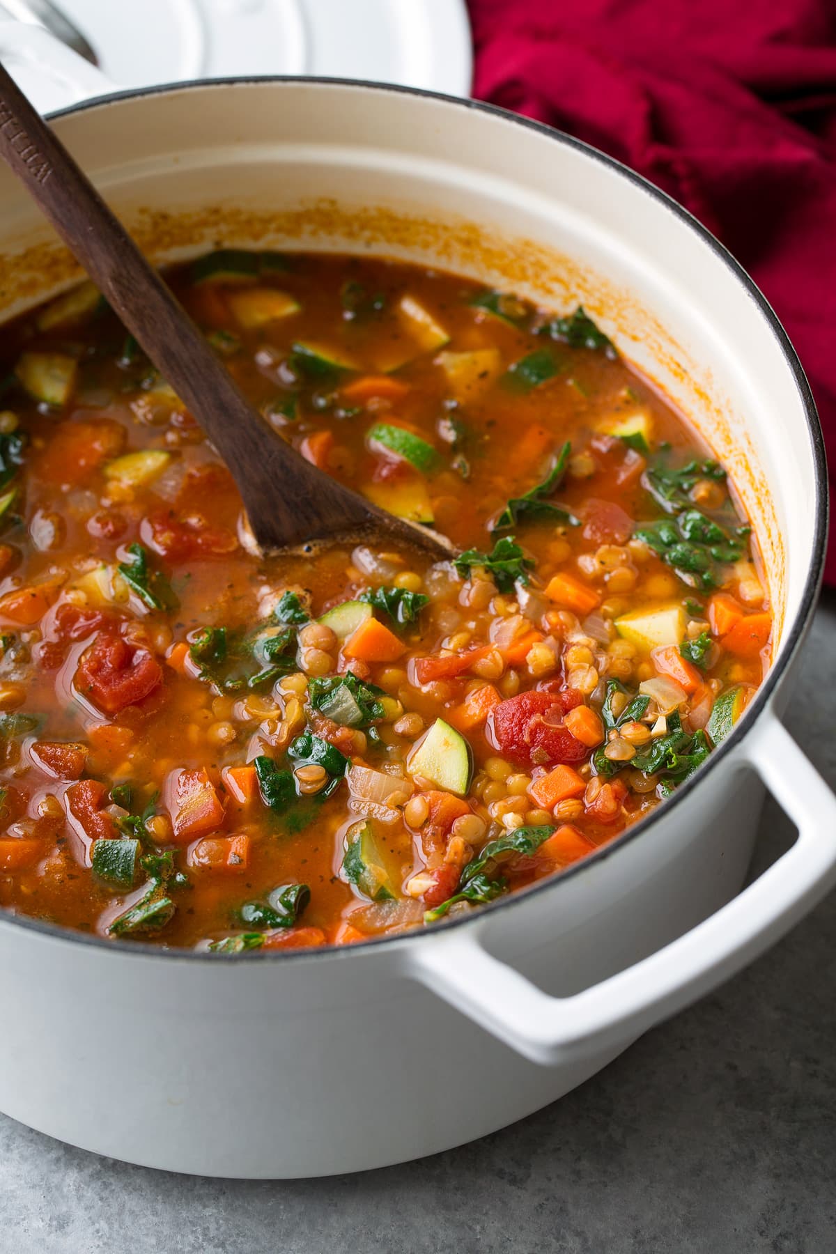 Lentil Soup in a large white cast iron pot
