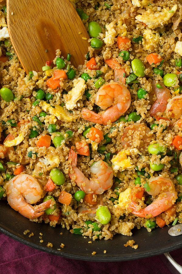 Shrimp Quinoa Fried Rice close up image in skillet.
