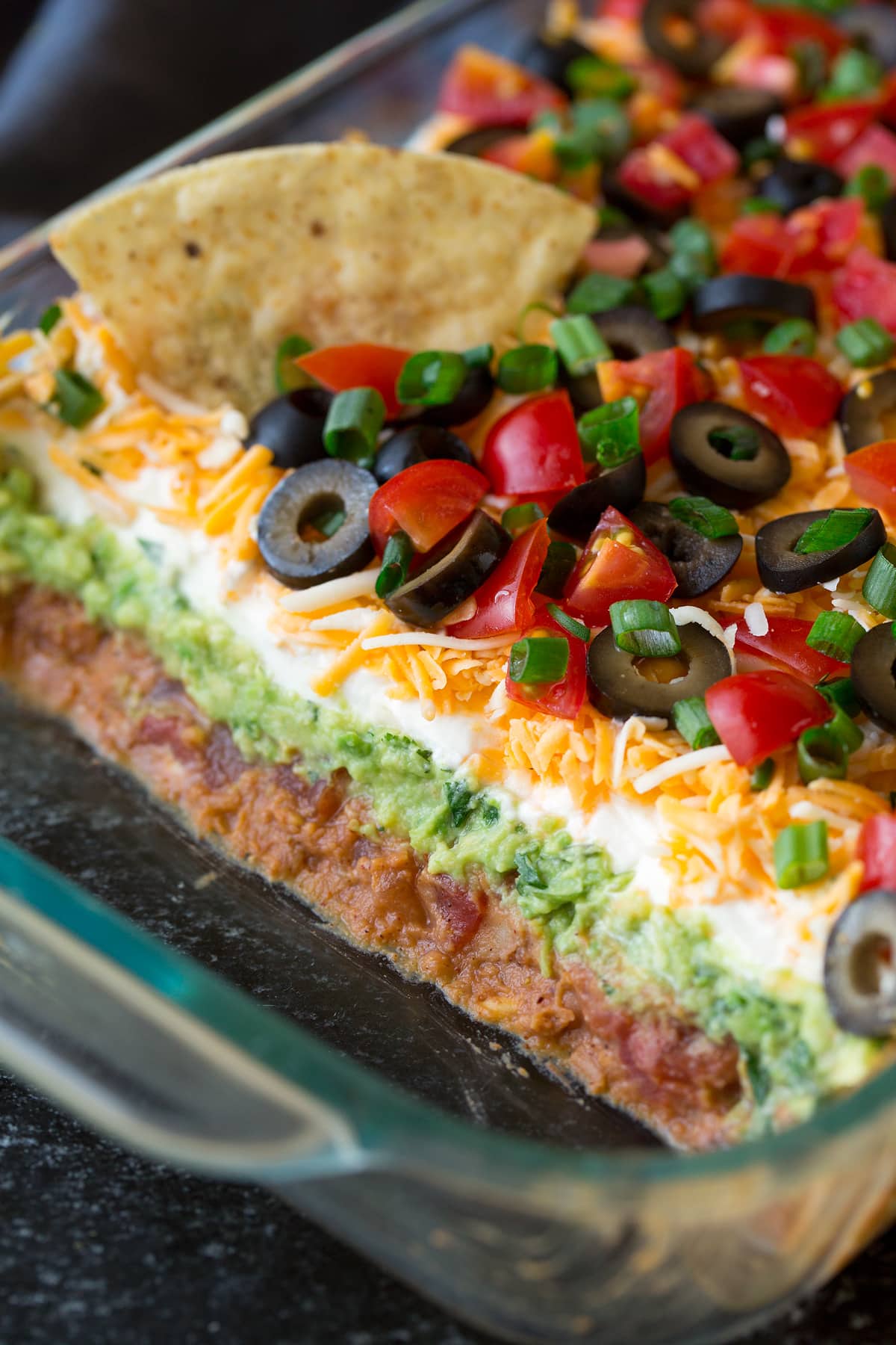 Close up image of 7 layer dip showing all the separate layers.