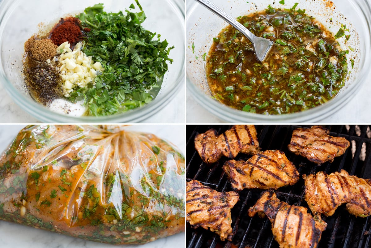 Collage image of 4 steps showing how to make street tacos. Shows mixing marinade, soaking chicken in marinade in a bag and grilling chicken on grill.