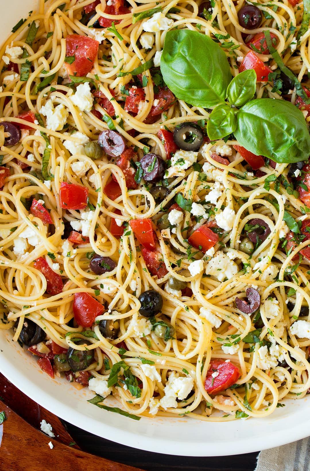Close up image of Greek pasta in a large serving bowl.