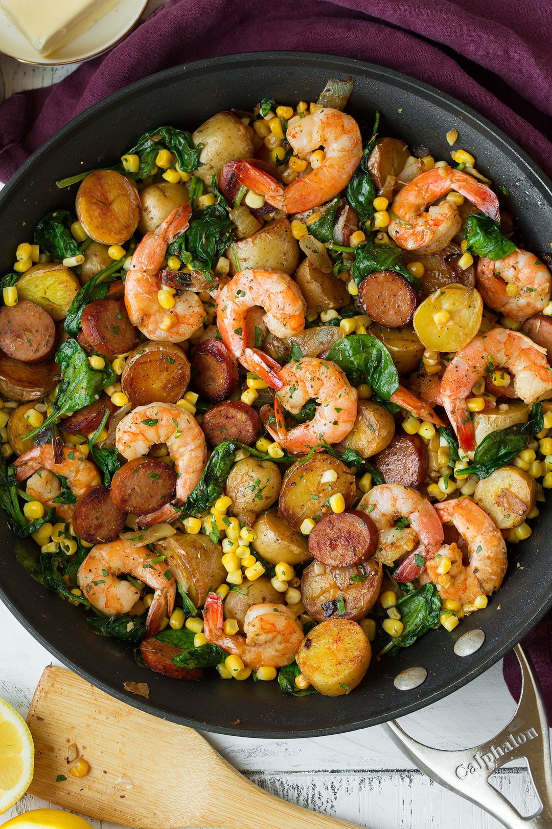 Shrimp Boil shown here in a large skillet after cooking