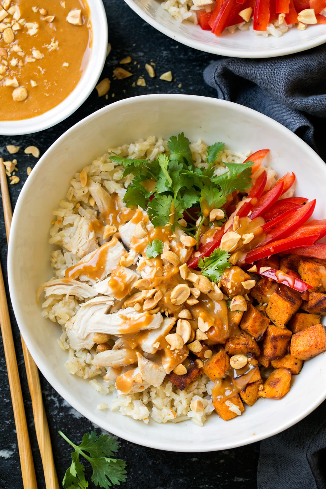 Chicken Veggie Brown Rice Bowls with Peanut Sauce