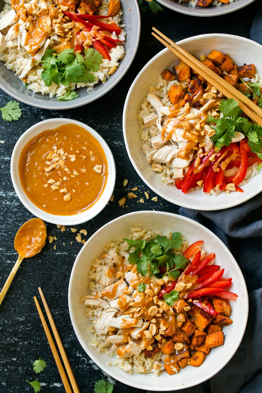 Chicken Veggie Brown Rice Bowls with Peanut Sauce