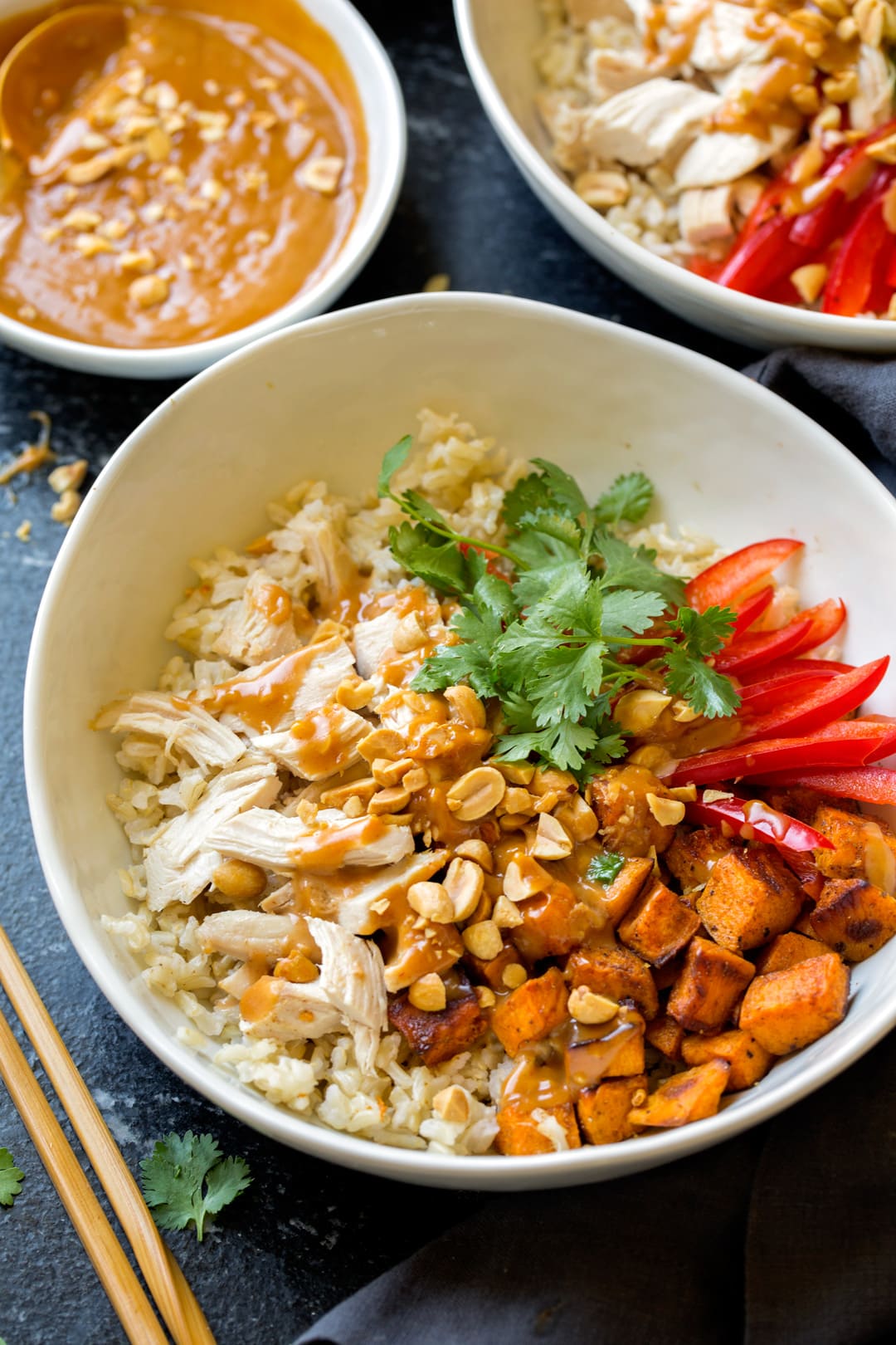Chicken Bowls Veggies Brown Rice and Peanut Sauce