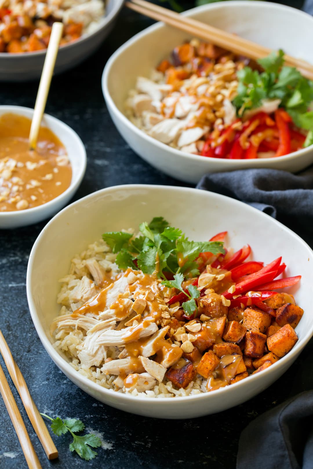 Chicken Veggie Brown Rice Bowls with Peanut Sauce