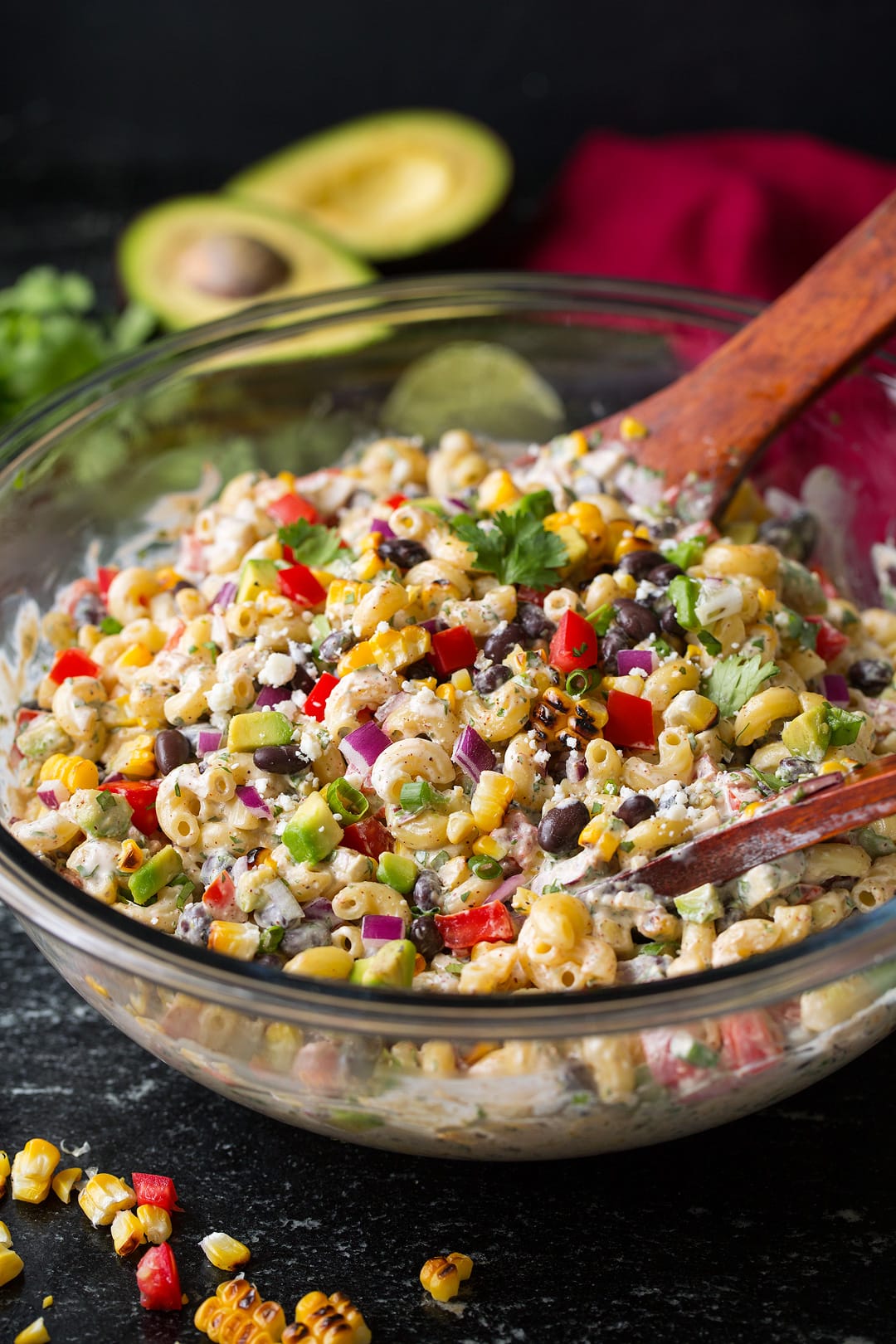 Mexican pasta Salad in large glass bowl