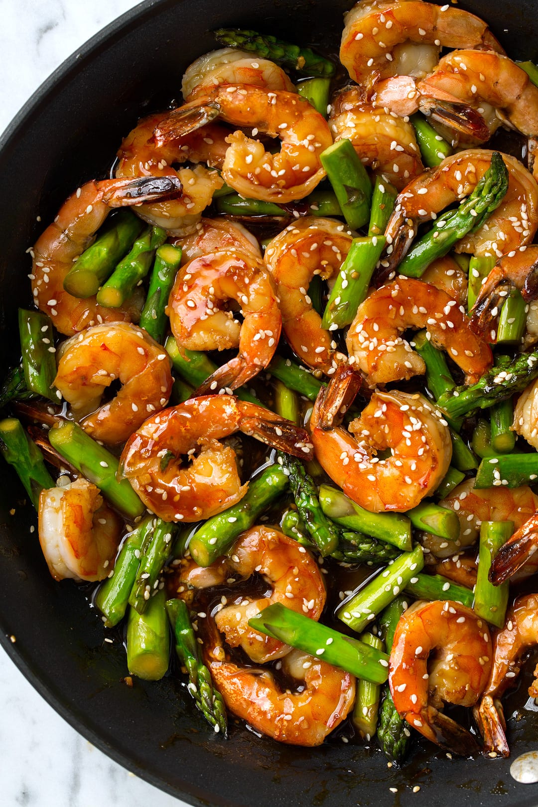 Teriyaki Shrimp and Asparagus in a skillet