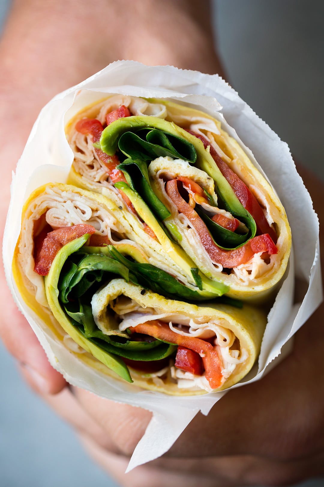 Egg Wrap Recipe with turkey, avocado, spinach, tomatoes and swiss