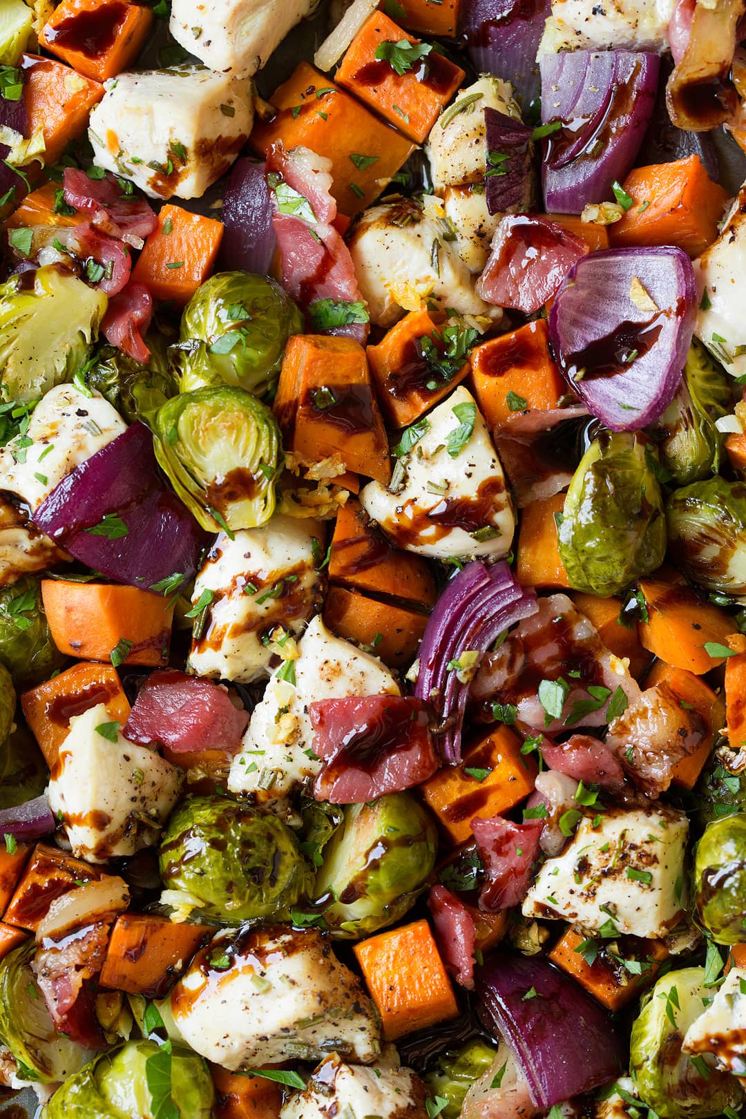Sheet Pan Chicken Sweet Potatoes and Brussels Sprouts with Bacon and Balsamic Glaze