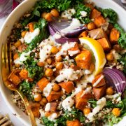 Sweet Potato Chick Pea Buddha Bowls with Ginger Tahini Sauce